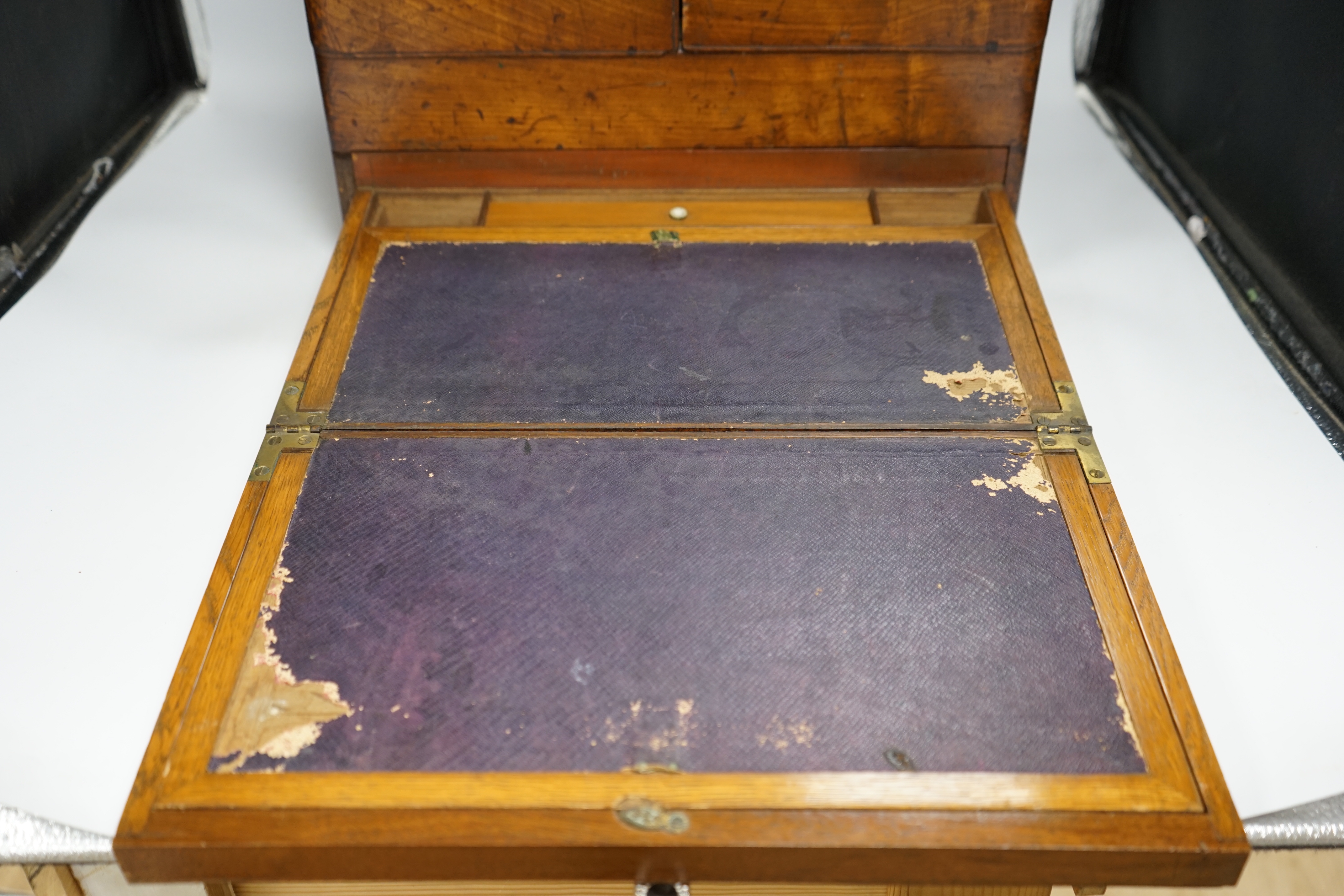 A Victorian walnut stationery box with pull out writing slope, ivory labels, 41cm wide CITES Submission reference PHGK9A82